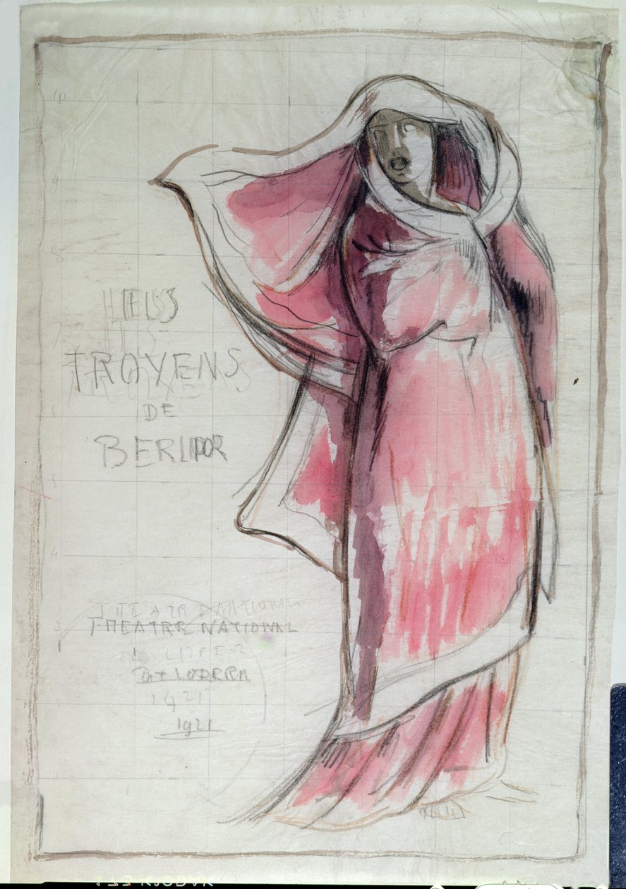 Design til en plakat, der reklamerer for Les Troyens (Trojanerne) komponeret af Hector Berlioz (1803-69) til en forestilling på Opera de Paris i 1921 (blyant og wc på papir) af Rene Piot
