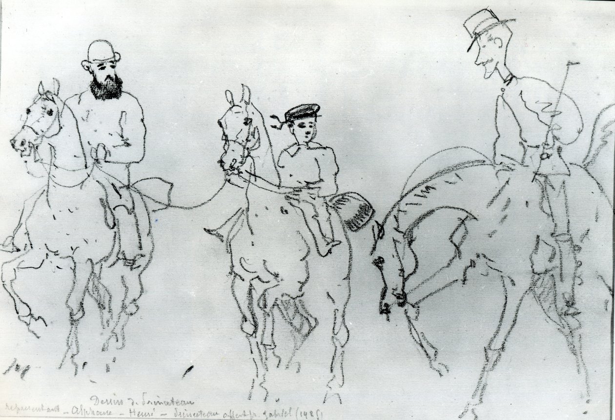 Tre ryttere: Henri de Toulouse-Lautrec (1864-1901) mellem hans far, grev Alphonse, og kunstneren af Rene Princeteau