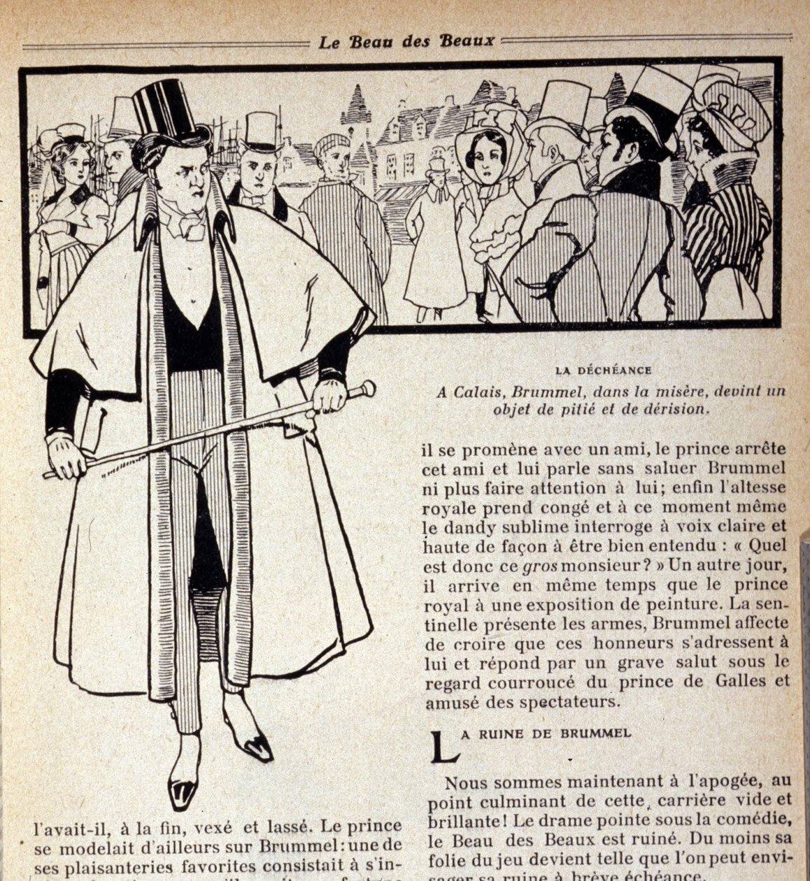 Repræsentation af George Bryan Brummel (1778 - 1840), Kongen af Dandies, som er i eksil i Calais. Illustration af René Vincent. 19. århundrede af Rene Vincent