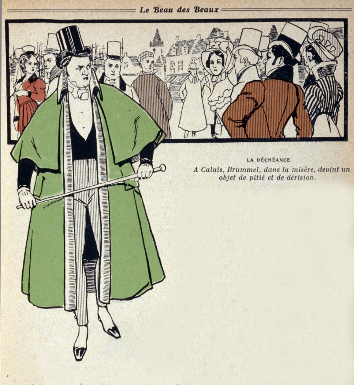 Repræsentation af George Bryan Brummel, kendt som Beau Brummel (1778 - 1840), King of the Dandys: sidstnævnte er i eksil i Calais. Illustration af Rene Vincent (1879-1936). 19. århundrede af Rene Vincent