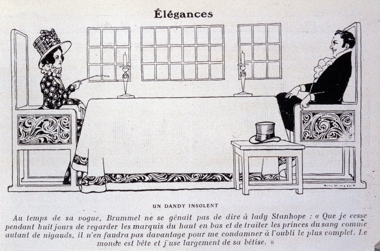 Repræsentation af George Bryan Brummel kendt som Beau Brummel (1778 - 1840), kongen af dandyerne. Illustration af René Vincent. 19. århundrede af Rene Vincent