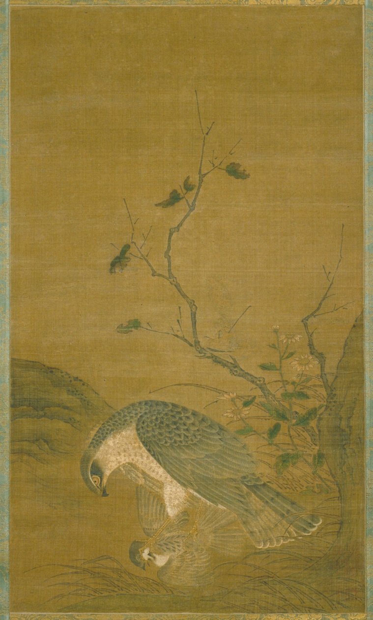 Hawk Capturing A Sparrow (blæk og farve på silke) af Renfa Ren