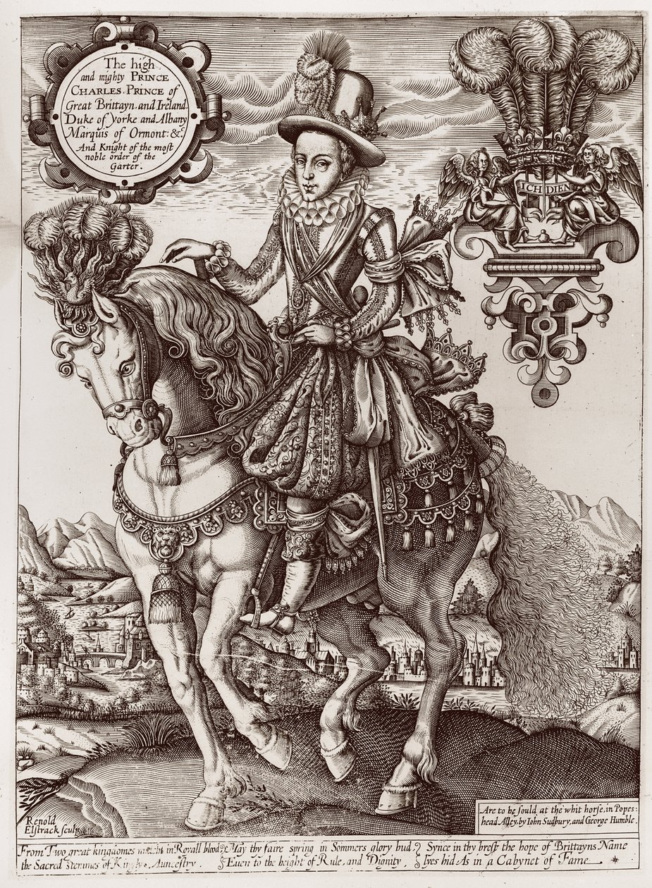 Charles I som prins af Wales til hest, fra "The Book of Kings", 1618 af Renold Elstrack