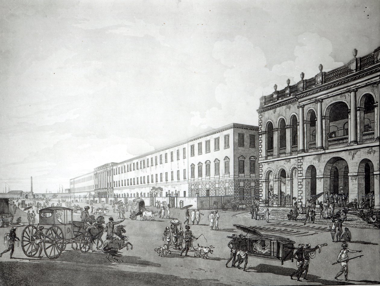 Borgmesterretten og forfatterbygningen, Calcutta, 1786 (akvatinte) af Rev. Edward Thomas Daniell