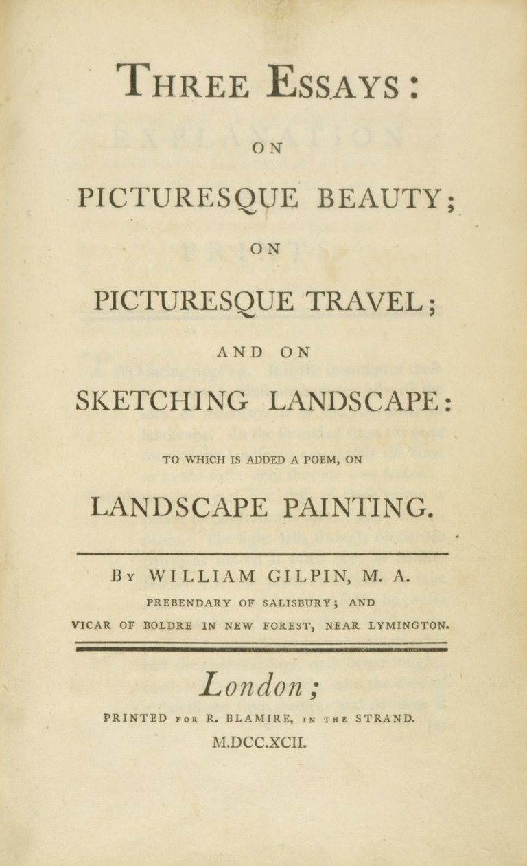 Titelside, fra tre essays: om malerisk skønhed, om maleriske rejser og om skitsering...1792 af Rev. William Gilpin