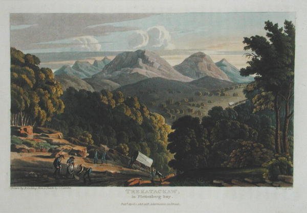 Trekatackaw i Plettenberg Bay, tegnet efter original skitse af R. Cocking, udgivet 1818 (farvet gravering) af Rev. Christian Ignatius (after) Latrobe