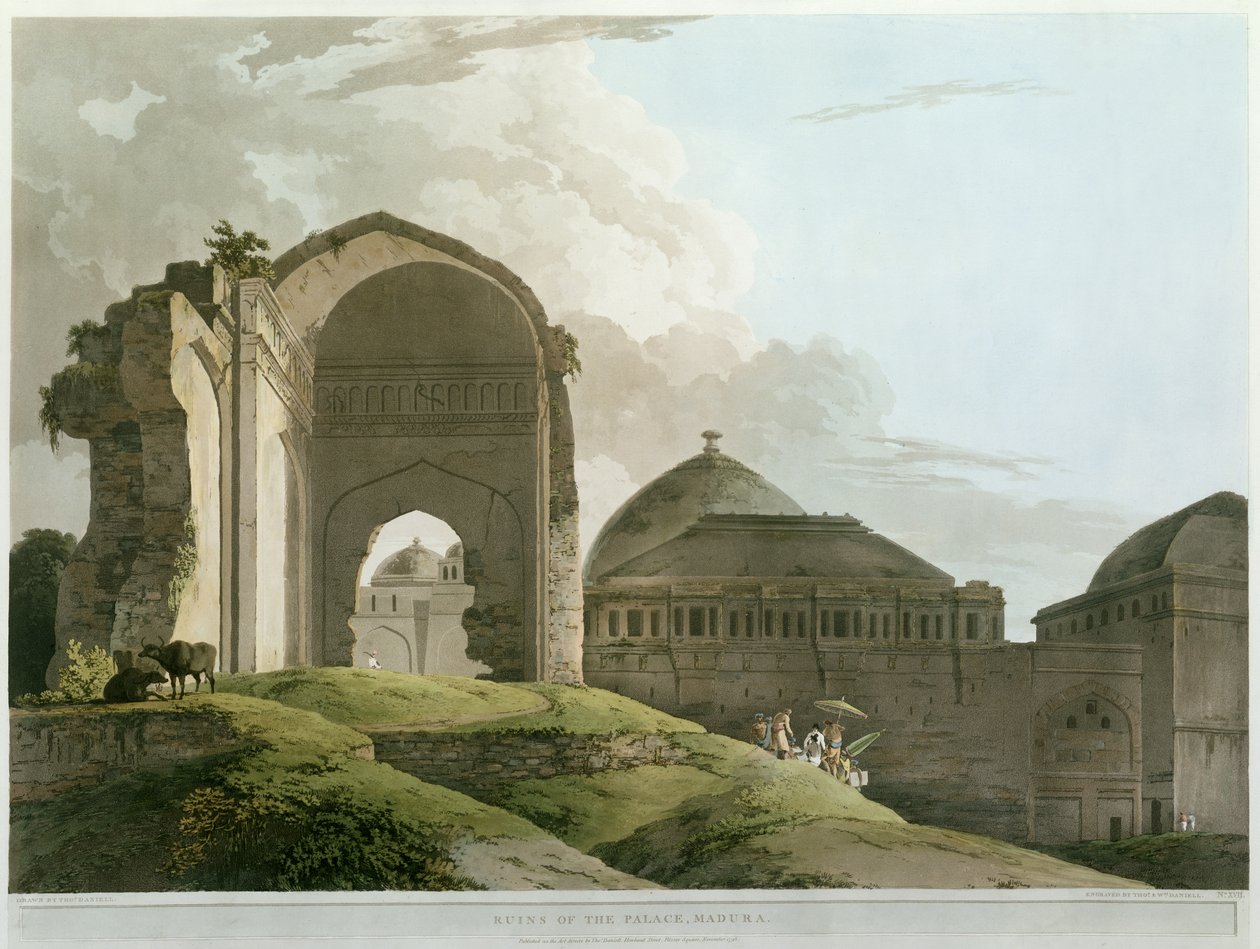Ruinerne af paladset i Madurai, indgraveret af Thomas og William (1769-1837) Daniell, udgivet 1798 (farve litho) af Rev. Edward Thomas Daniell