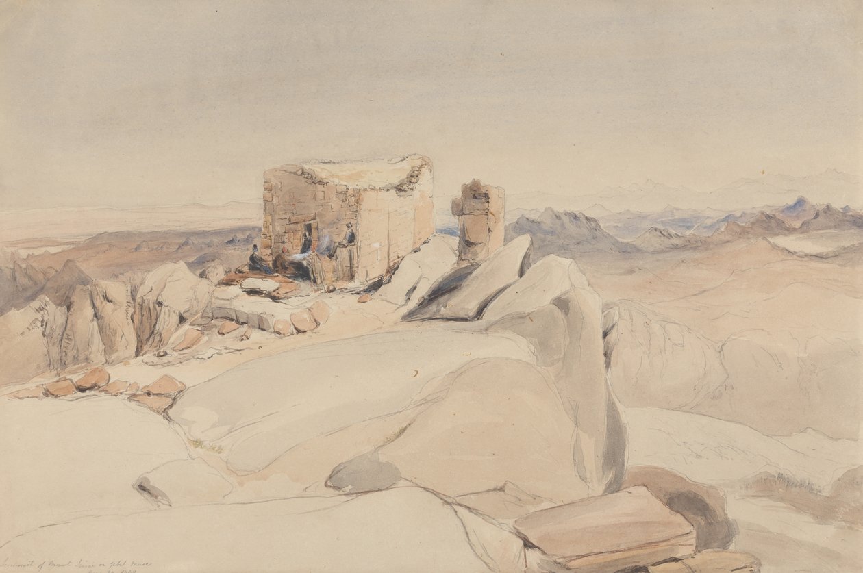 The Summit of Mount Sinai eller Jebel Musa, 1840 (wc, grafit og kropsfarve på beige vævet papir) af Rev. Edward Thomas Daniell