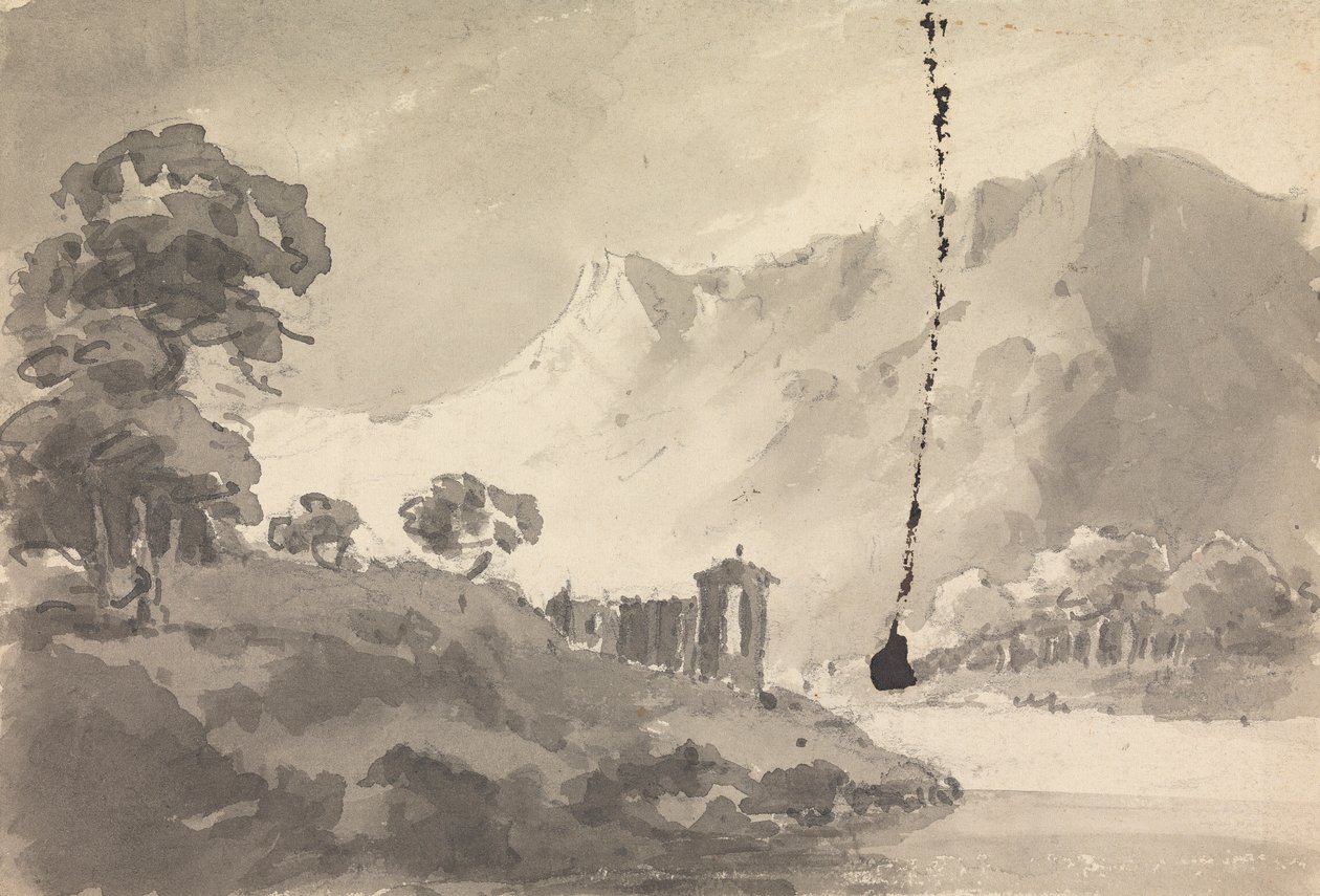 Landskab med slot, flod og bjerg af Rev. William Gilpin