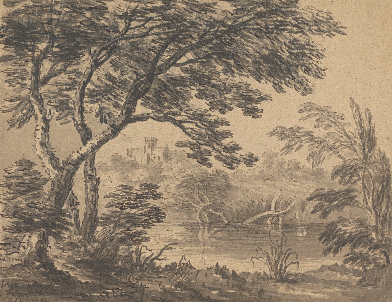 Landskab med kirke i baggrunden af Rev. William Gilpin