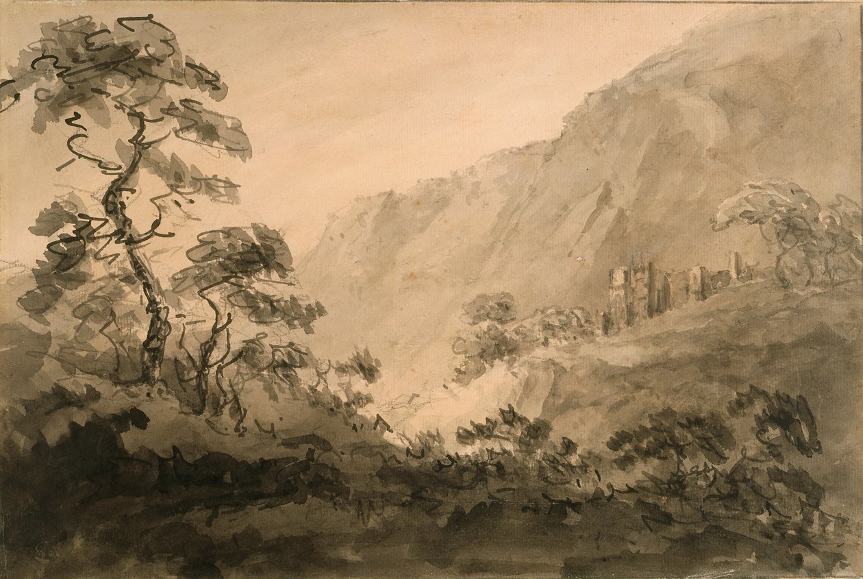 Bjerget landskab med ruin (pen, blæk og blæk vask over blyant på råhvidt lagt papir forberedt med en sepia vask) af Rev. William Gilpin