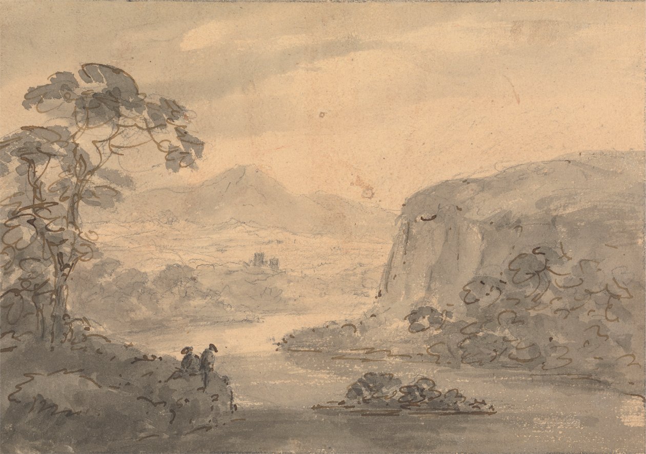 Bjerget landskab med to figurer med udsigt over en sø af Rev. William Gilpin