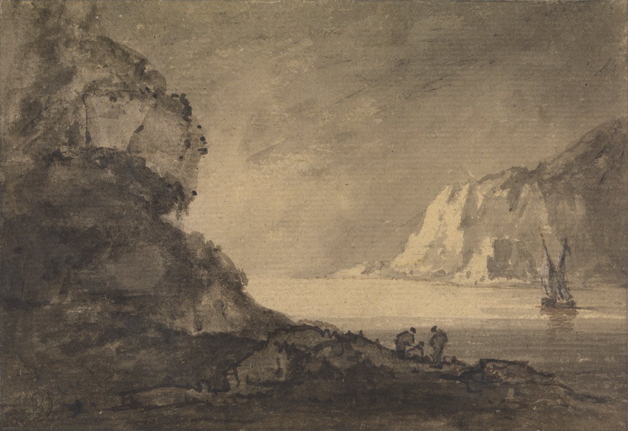 Forsendelsesscene med tre figurer på land af Rev. William Gilpin