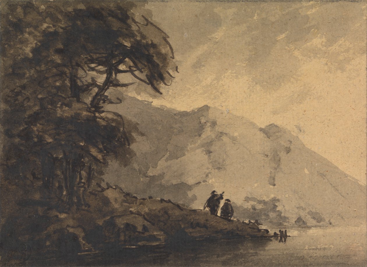 To figurer på kysten med bjerg, der rejser sig bagved af Rev. William Gilpin