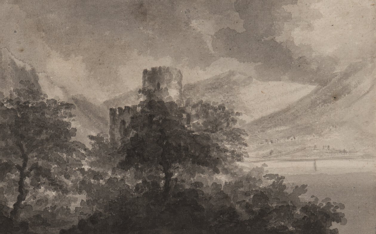Wooded Lakeland Castle: capriccio, 1804 (pensel og monokrome vaske på papir) af Rev. William Gilpin