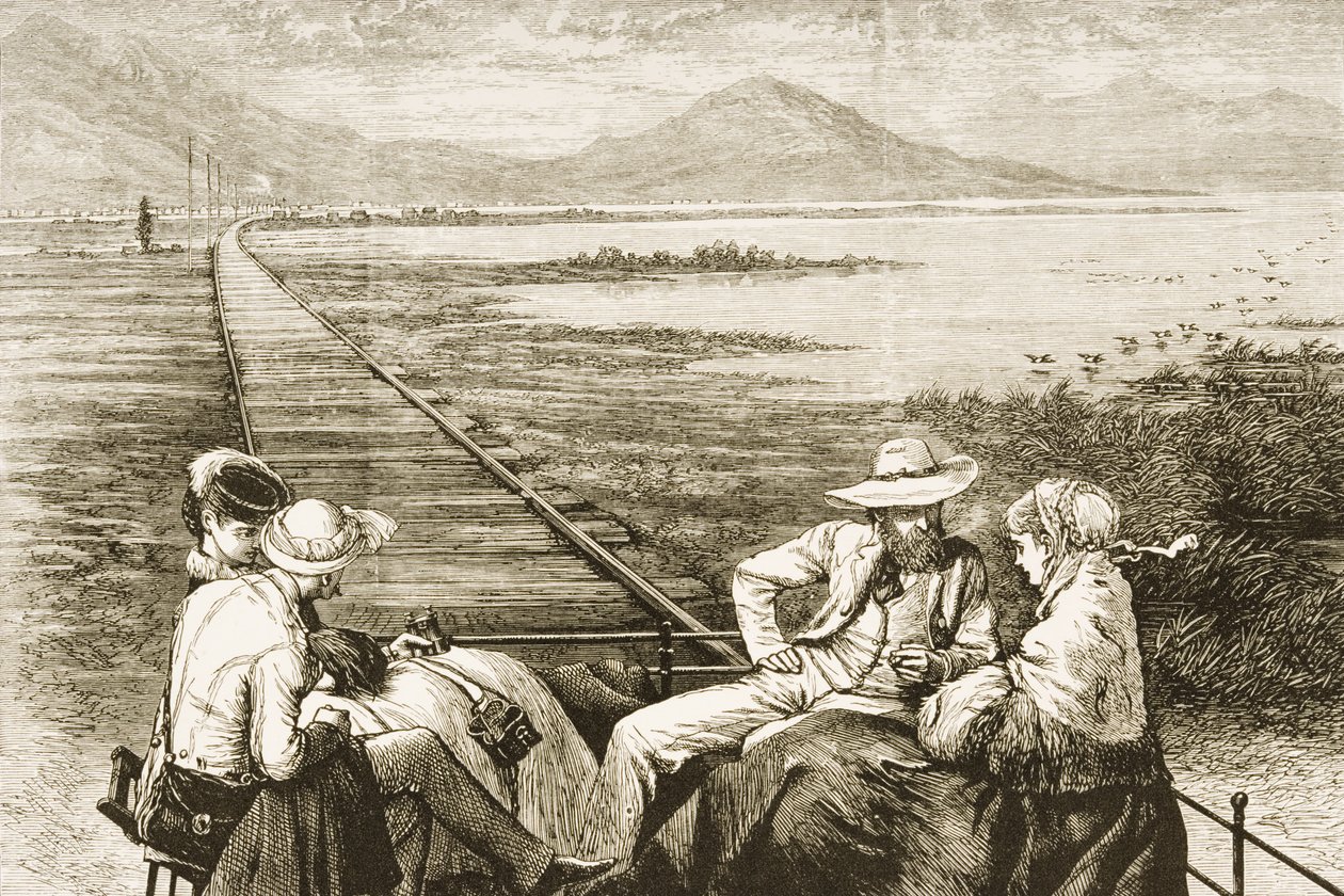 En inspektionsbil på Pacific Railway nærmer sig Great Salt Lake, c.1880 af Reverend Samuel Manning