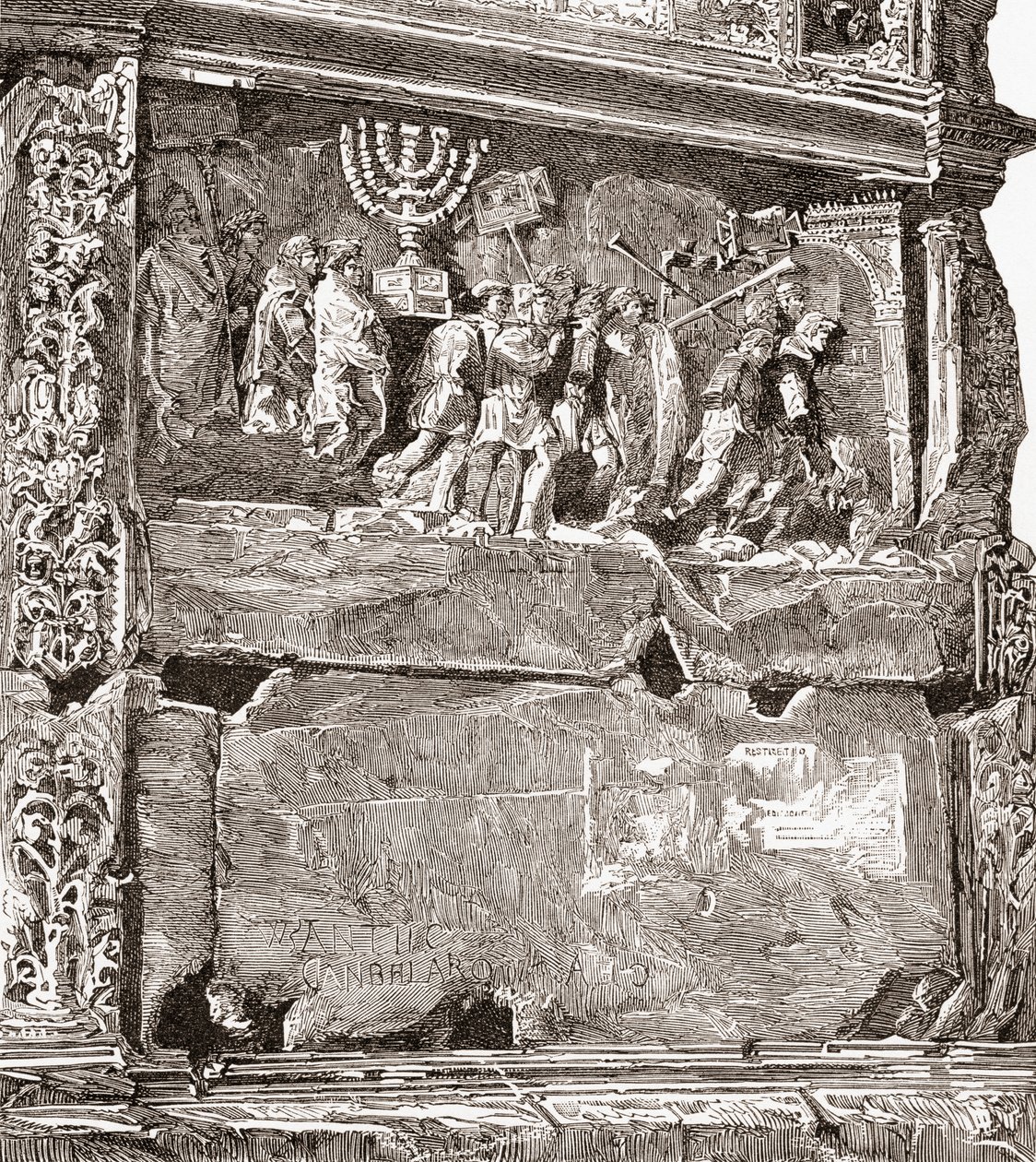Basrelief af det sydlige panel "Krigsbyttet", der viser triumftoget, på Titusbuen, Via Sacra, Forum Romanum, Rom, Italien. Fra Italian Pictures af Rev. Samuel Manning, udgivet ca. 1890. af Reverend Samuel Manning