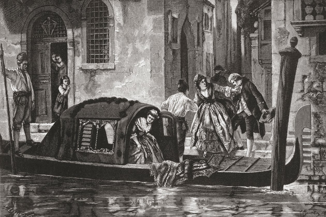 Passagerer stiger ud af en gondol på Canal Grande i Venedig, Italien, i slutningen af det 19. århundrede. Fra Italian Pictures af Rev. Samuel Manning, udgivet ca. 1890. af Reverend Samuel Manning