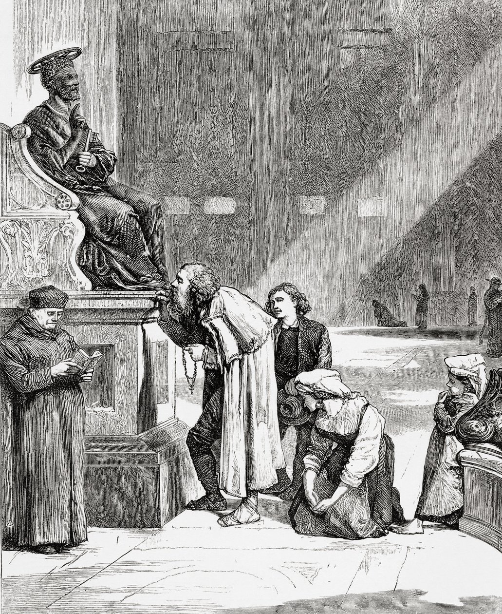 Folk kysser fødderne på statuen af Sankt Peter inde i Peterskirken, Vatikanstaten, Rom i slutningen af det 19. århundrede. Fra Italian Pictures af Rev. Samuel Manning, udgivet ca. 1890. af Reverend Samuel Manning