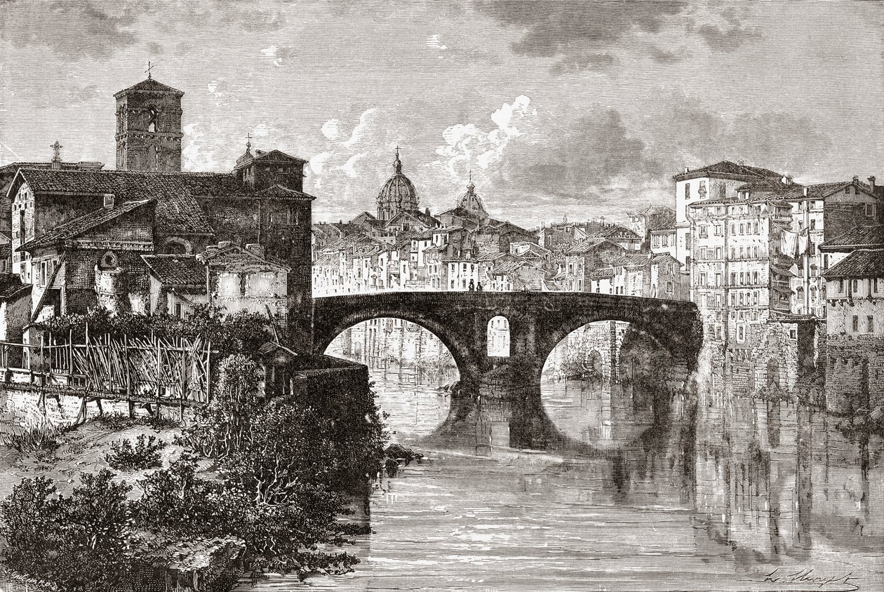 Pons Fabricius, eller Ponte dei Quattro Capi, og Tiberøen, Rom, Italien i slutningen af det 19. århundrede. Fra Italian Pictures af Rev. Samuel Manning, udgivet ca. 1890. af Reverend Samuel Manning