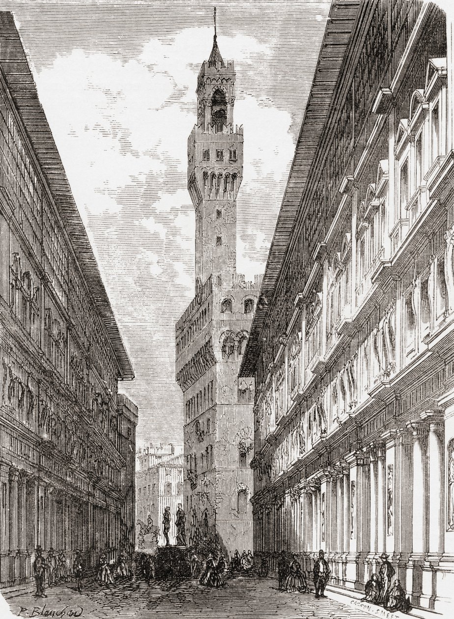 Uffizierne, Palazzo Vecchio og statuer på Piazza della Signoria, Firenze, Italien i slutningen af det 19. århundrede. Fra Italian Pictures af Rev. Samuel Manning, udgivet ca. 1890. af Reverend Samuel Manning
