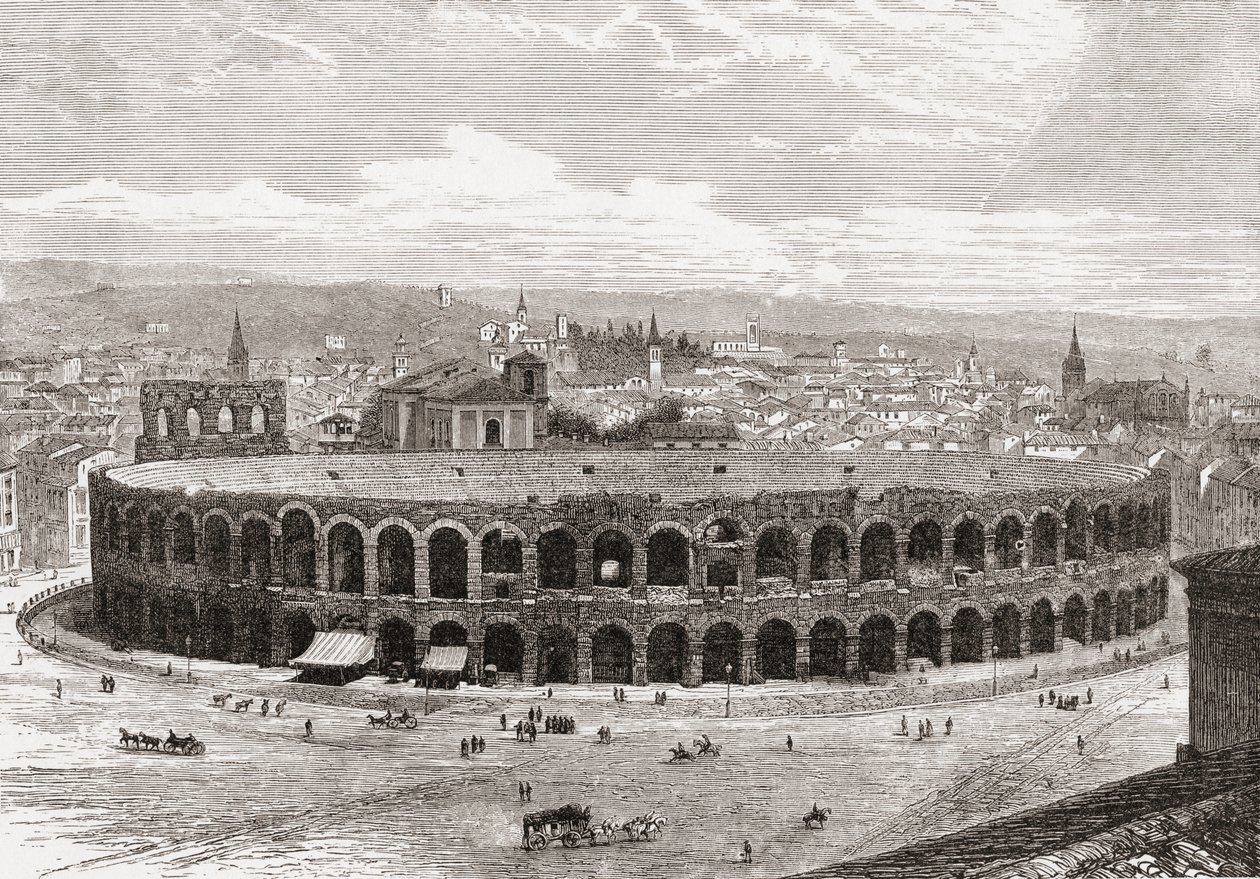Verona Arena, Piazza Bra, Verona, Italien i slutningen af det 19. århundrede. Fra Italian Pictures af Rev. Samuel Manning, udgivet ca. 1890. af Reverend Samuel Manning