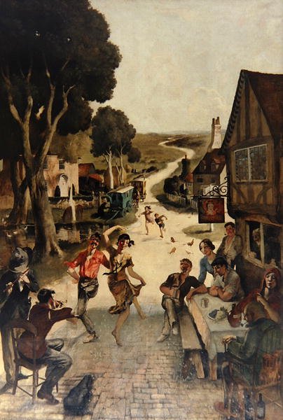 Rustik scene: Landsbyboerne danser af Rex Whistler