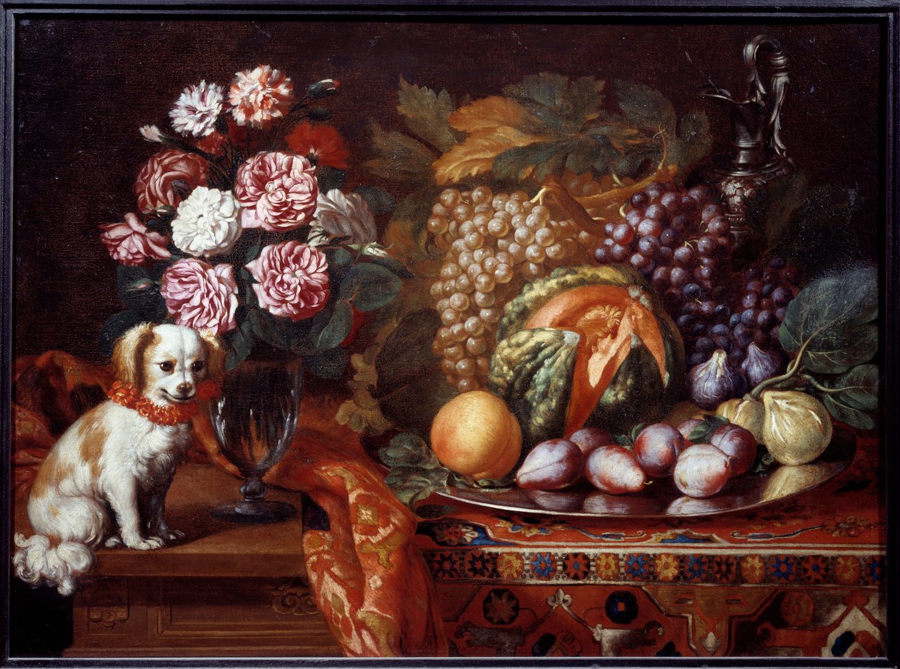 Stilleben med dværg spaniel. Maleri af Renaud Levieux sagde Reynaud Le Vieux (ca. 1625-1690) af Reynaud Levieux