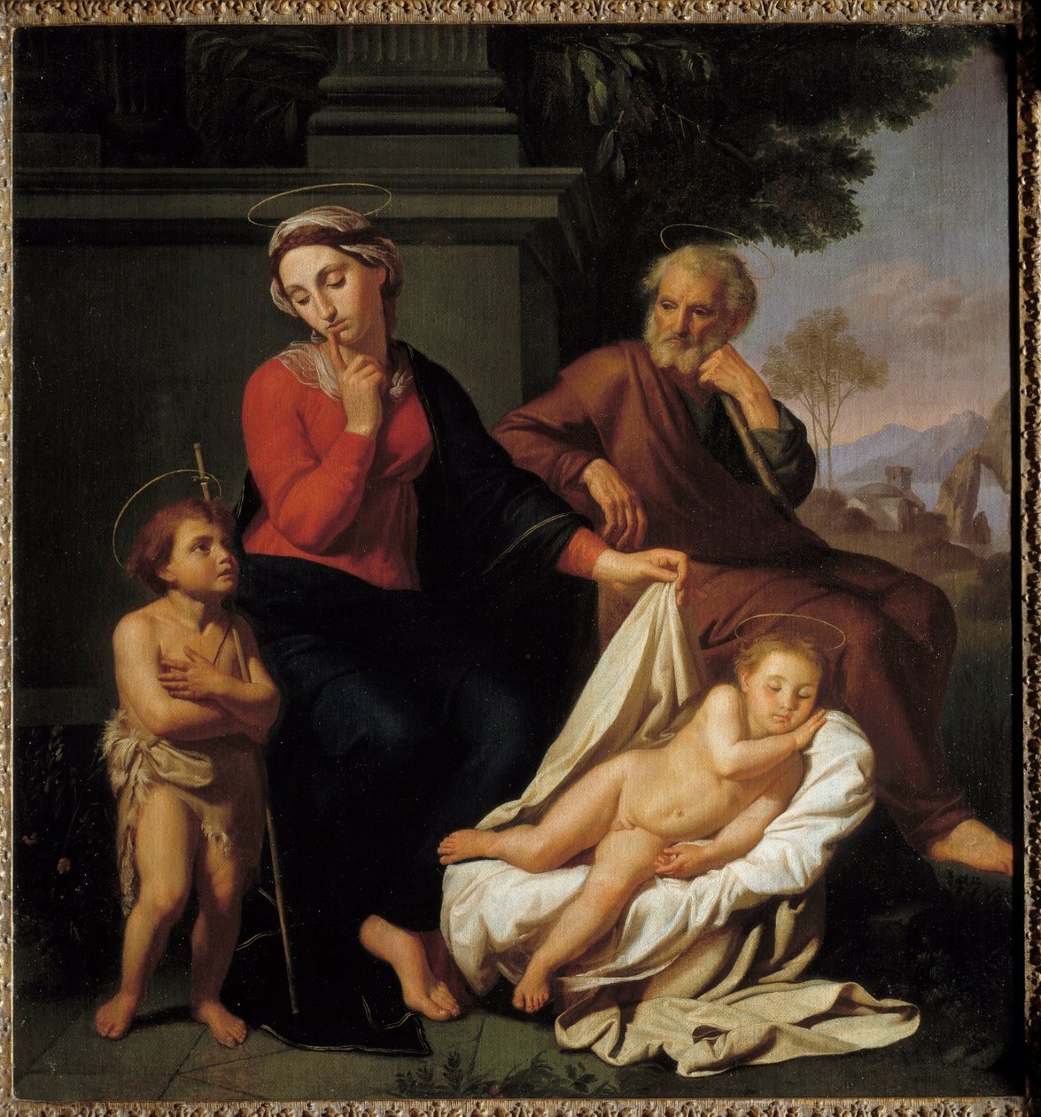 Den hellige familie. Jomfru Maria sætter en finger foran sin mund for at bede Johannes Døberen om ikke at vække Jesus sovende. Saint Joseph ser på scenen. Maleri af Reynaud Levieux (ca. 1625-1690) af Reynaud Levieux