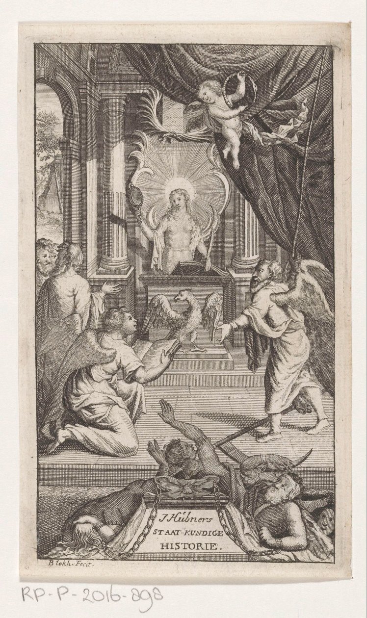 Fader Tid afslører Historie J. Huebners politiske historie (titel på objekt) Titelside for: Johann Hübner, Kortfattede spørgsmål fra politisk historie, 1722 af Reynier Blokhuysen