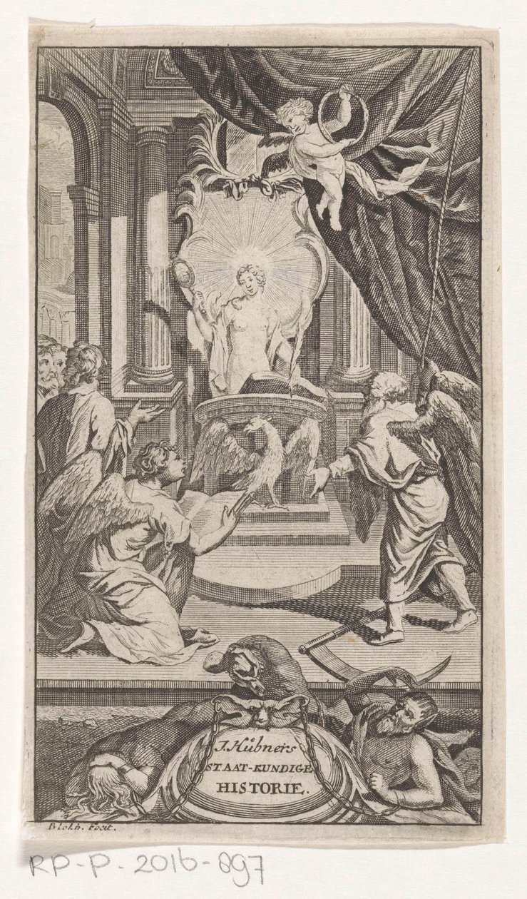 Fader Tid afslører Historie J. Huebners politiske historie (titel på objekt) Titelside for: Johann Hübner, Kortfattede spørgsmål fra politisk historie, 1719 af Reynier Blokhuysen