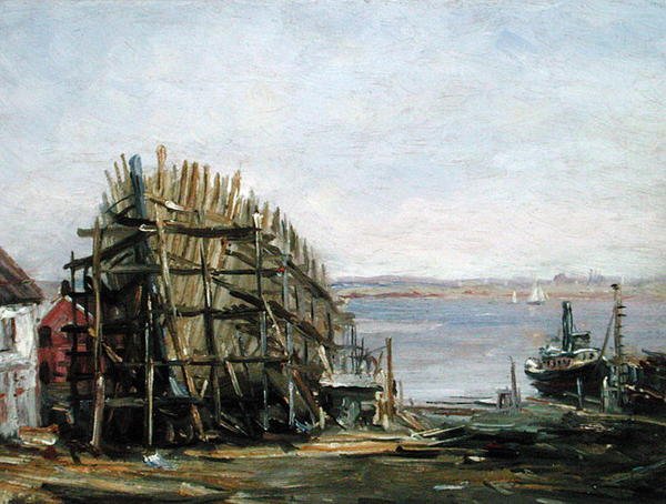 Noank skibsværft, ca. 1900 (olie om bord) af Reynolds Beal