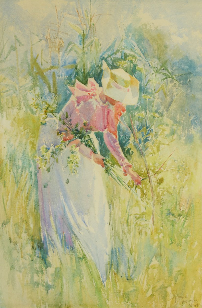 Plukning af vilde blomster 1900 (akvarel på papir) af Rhoda Holmes Nicholls