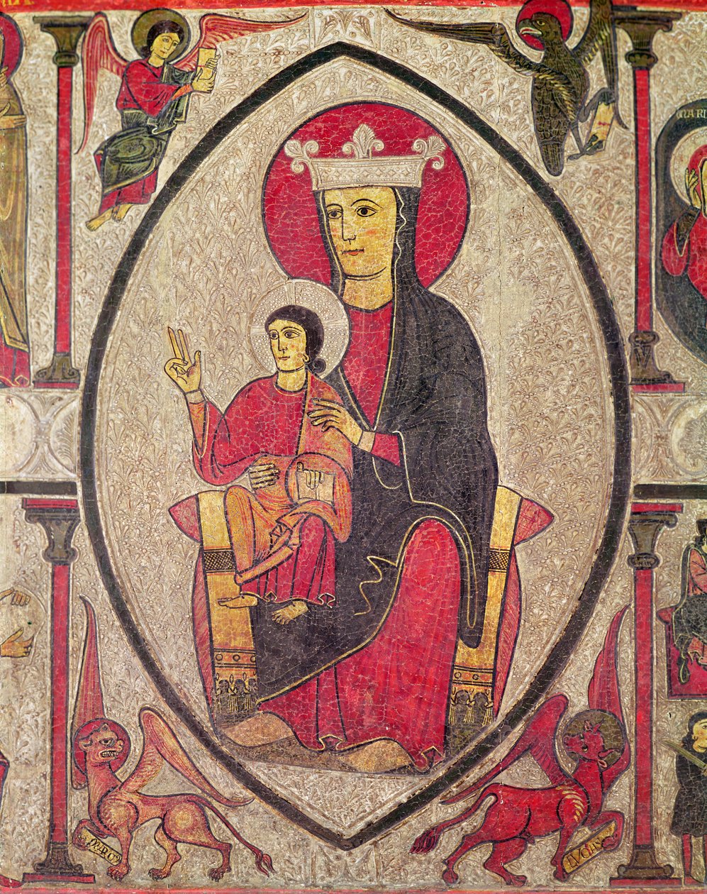 Madonna og barn, midterfeltet i alterfronten fra kirken Santa Maria de Cardet, Vall de Boi, Spanien, 1150-1200 (tempera på panel) (detalje af 498164) af Ribagorça Workshop Johannes Pintor