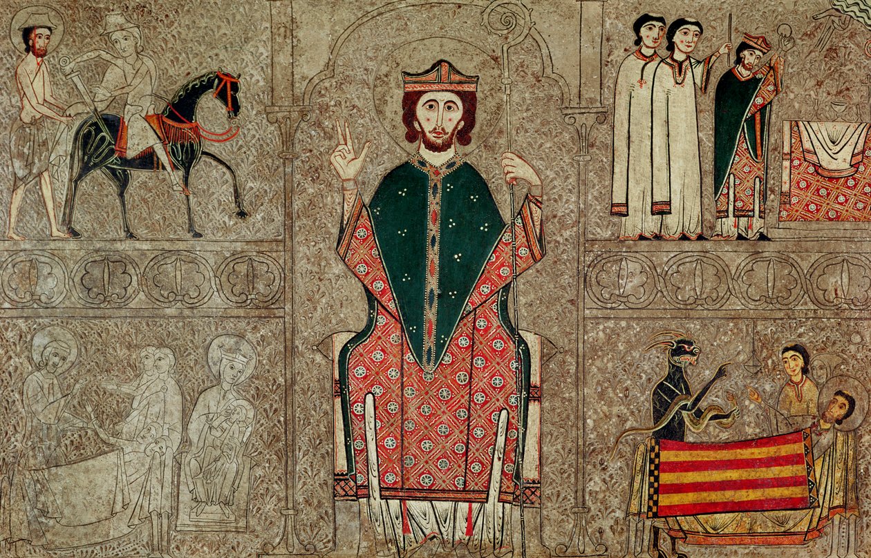 Alter frontal fra kirken Saint Martin, Chia, Spanien, forestillende Saint Martin af Tours og fire scener fra hans liv, 1150-1200 (tempera på panel) af Ribagorça Workshop Johannes Pintor