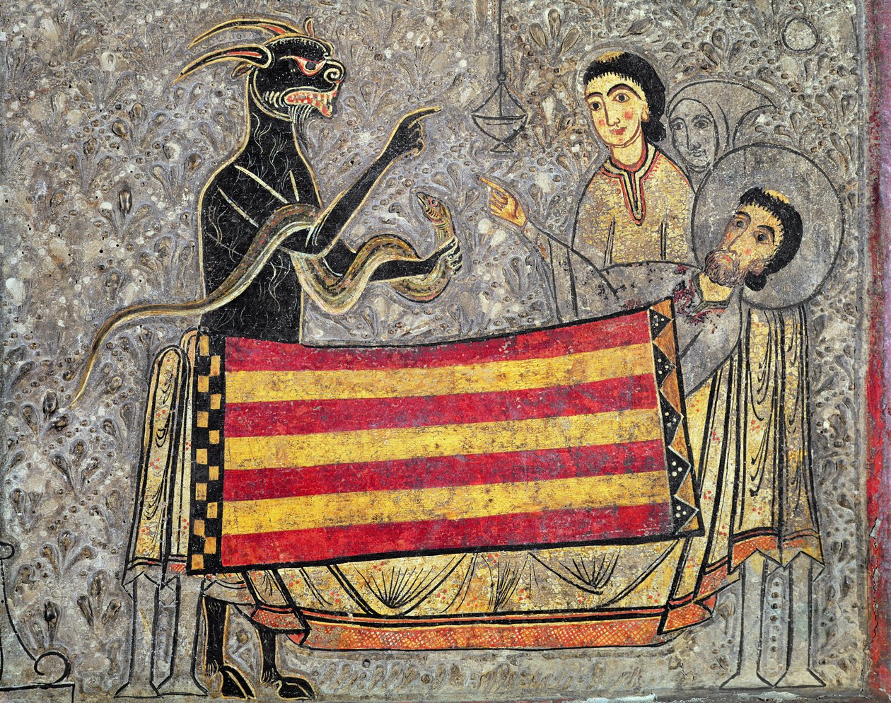 The Death of St. Martin of Tours, detalje fra et alter frontal fra Church of Saint Martin in Chia, 1150-1200 (tempera på panel) (detalje af 498163) af Ribagorça Workshop Johannes Pintor