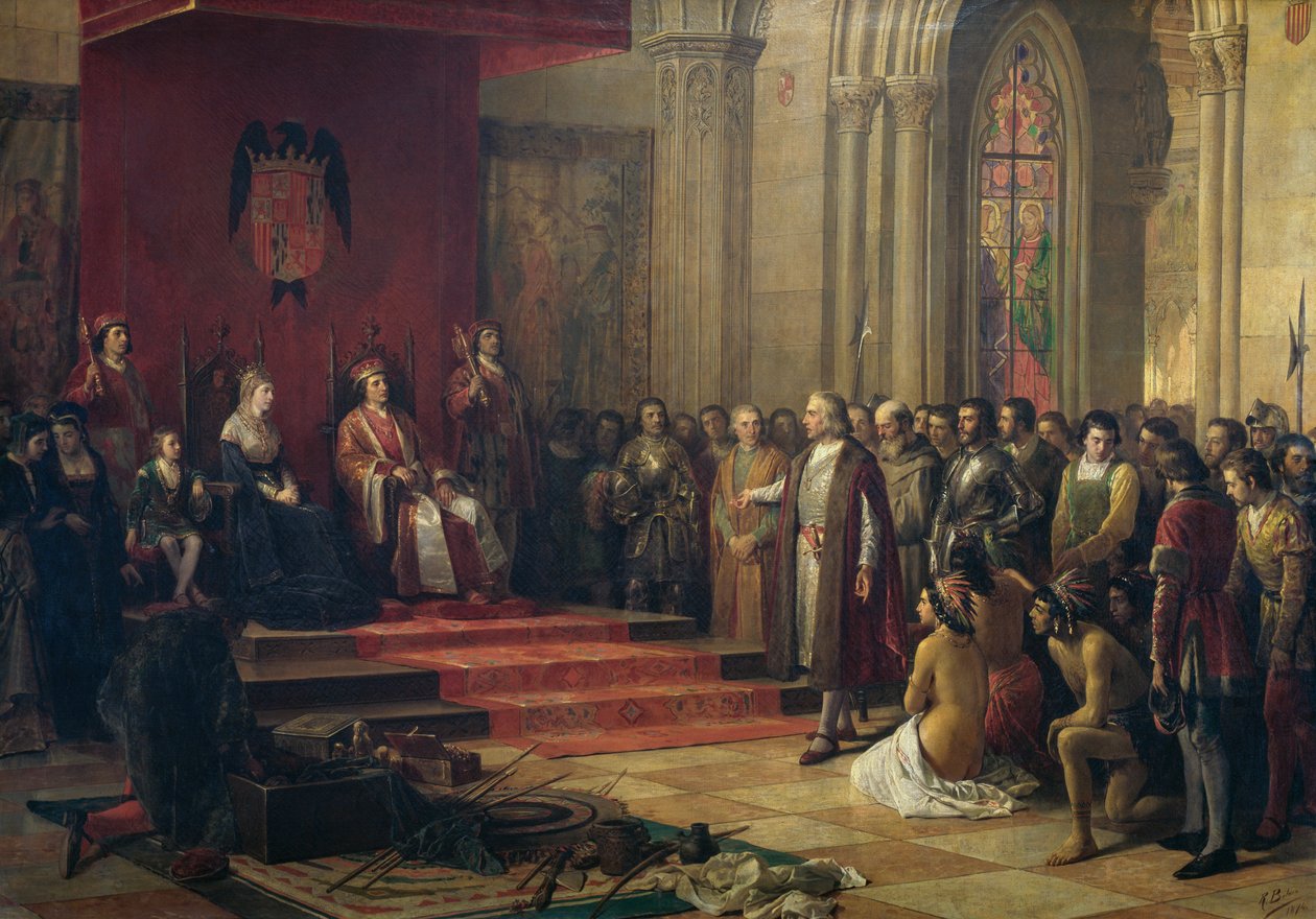 Christopher Columbus modtaget af de katolske konger i Barcelona, da han vendte tilbage fra sin første rejse til Amerika, maleri af 1874 af Ricardo Balaca (1844-1880), olie på lærred af Ricardo Balaca y Canseco