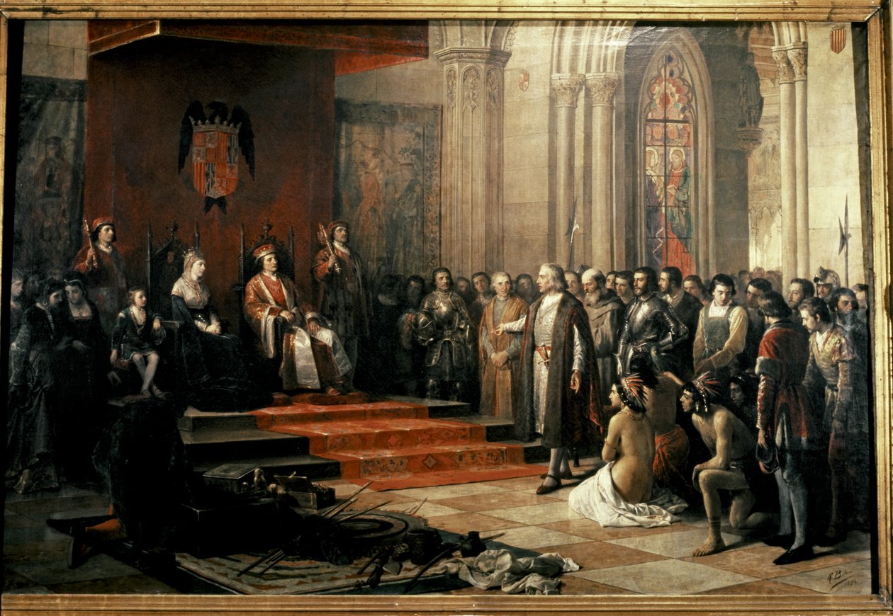 Columbus med de katolske konger (Isabella og Fernando) af... af Ricardo Balaca y Canseco