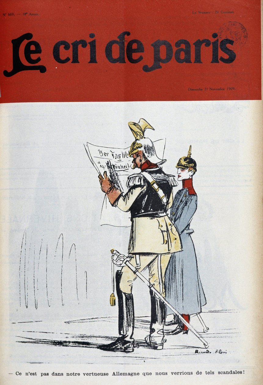 Kejser af Tyskland (?) læser en avis, der fordømmer skandaler (men hvilke?), af Florès-couv. "Le Cree de Paris"" af 21/11/1909. af Ricardo Flores