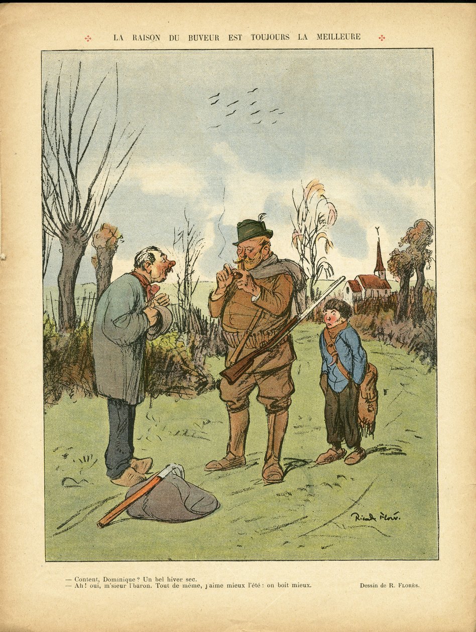 Illustration af Ricardo Flores (1878-1918) i Le Lire, 04/01/13 - Årsagen til drikkeren er altid den bedste - Kampagne, Barndom, Jagtjæger, Katedraler Kirker, Alkoholalkoholisme af Ricardo Flores
