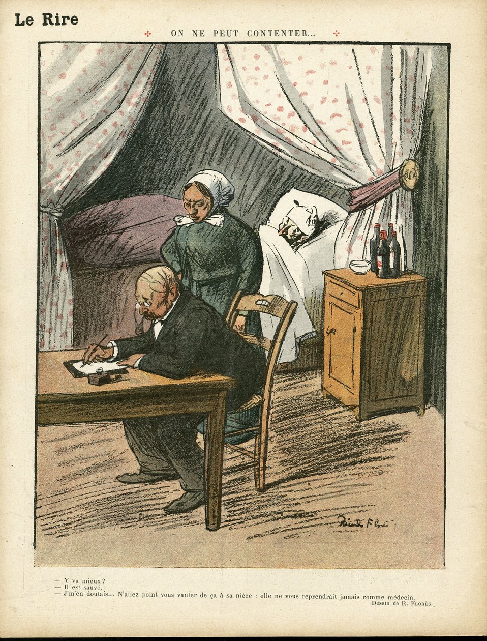 Illustration af Ricardo Flores (1878-1918) i Le Lire, 08/02/13 - Man kan ikke tilfredsstille - Medicinsk, Arkitektur interiøre af Ricardo Flores