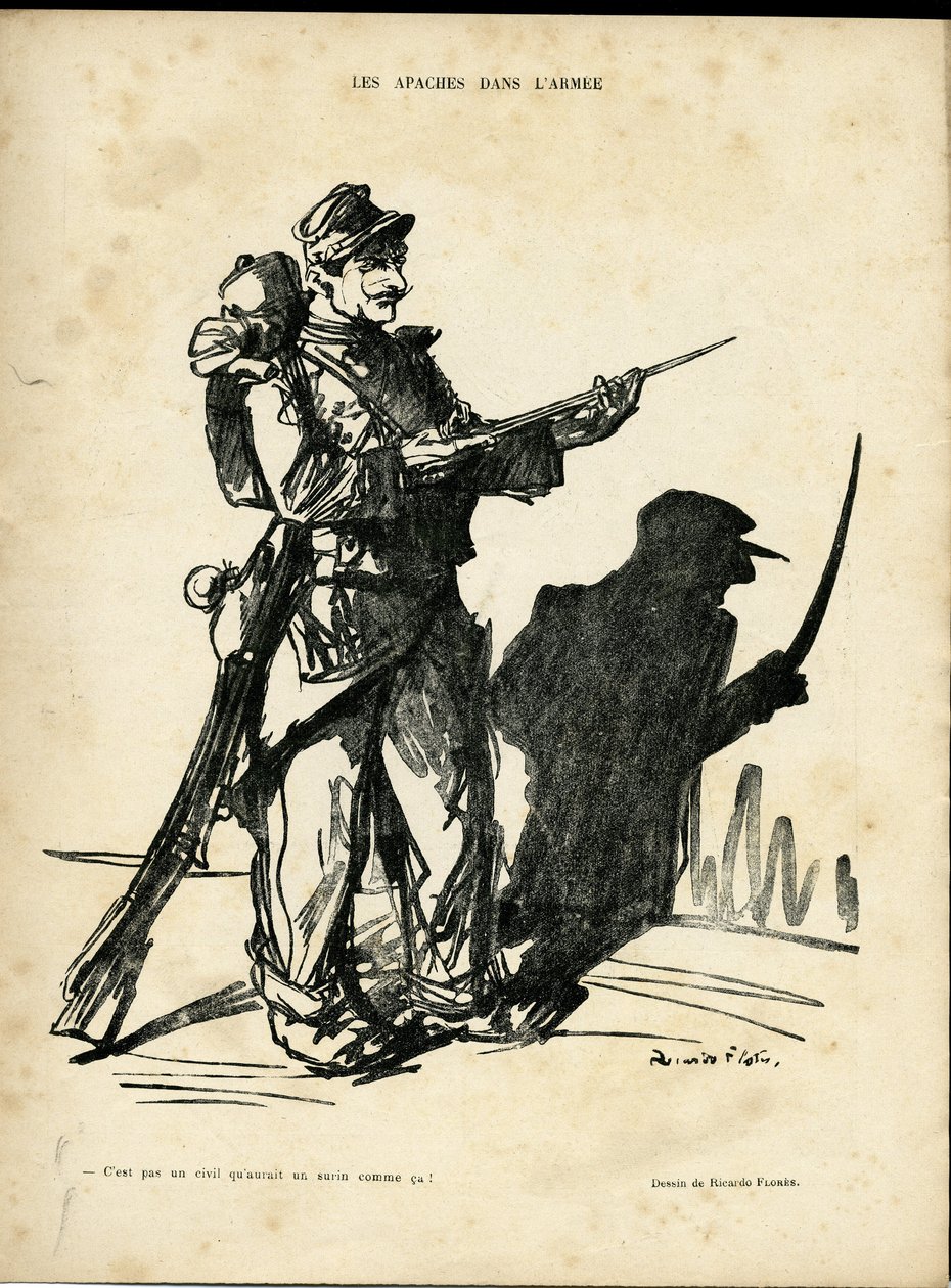 Illustration af Ricardo Flores (1878-1918) i Le Lire, 22/01/10 - Apaches in the Armee - Apaches proxenetes - Skygge/lys af Ricardo Flores