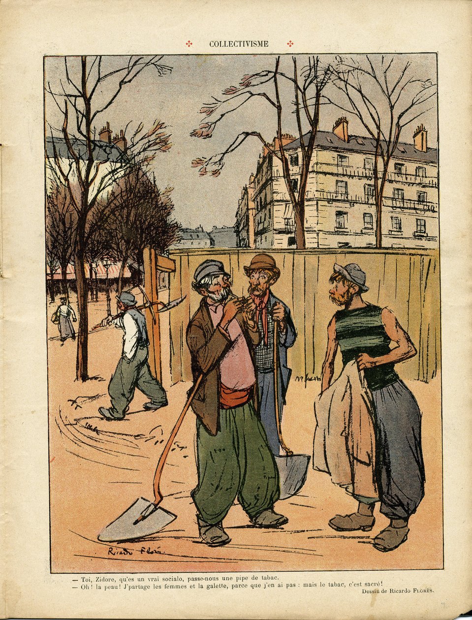 Illustration af Ricardo Flores (1878-1918) i Le Rire, 06/02/09 - Kollektivisme - Social, Byarkitektur, Træ, Bygning, Kollektivisme - Arbejderarbejder, Terrassiers af Ricardo Flores