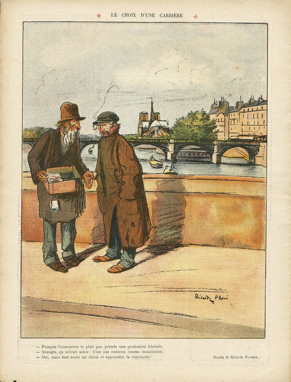 Illustration af Ricardo Flores (1878-1918) i Le Rire, 06/03/09 - At vælge en karriere - Paris, Arkitektur Byplanlægning, Misere, Bro, River River, Churches Cathedrals, Seine (flod) af Ricardo Flores