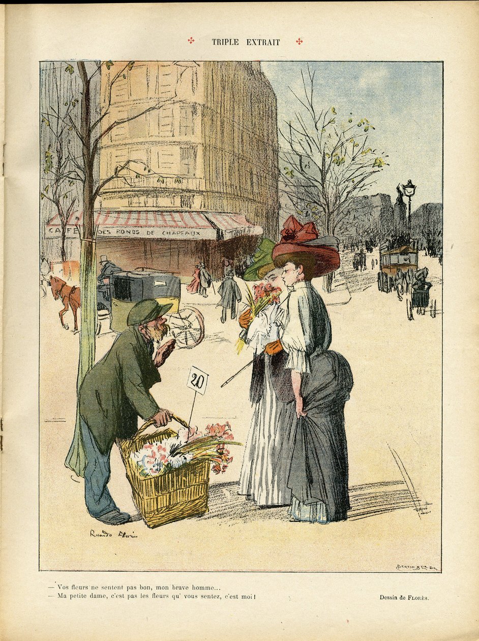 Illustration af Ricardo Flores (1878-1918) i Le Rire, 25/04/08 - Tredobbelt uddrag - Arkitektur Urbanisme, Mode, Hat, Transport, Blomster, Butikker af Ricardo Flores