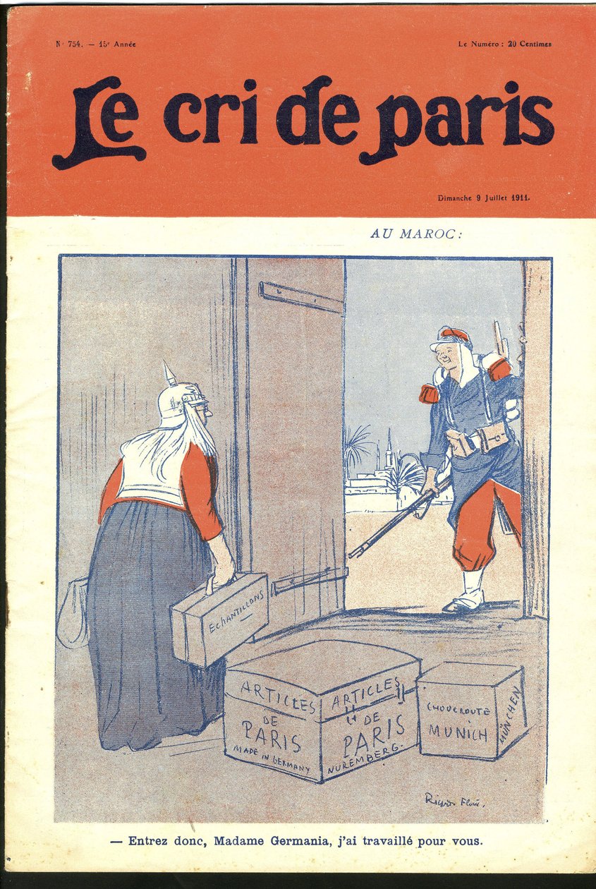 Illustration af Ricardo Flores (1878-1918) til forsiden af Le Cri de Paris, 09/07/11 - "" Gå ind så kære frue, jeg har arbejdet for dig." - Tyskland Preussen, Marokko, Maghreb - Germanien af Ricardo Flores