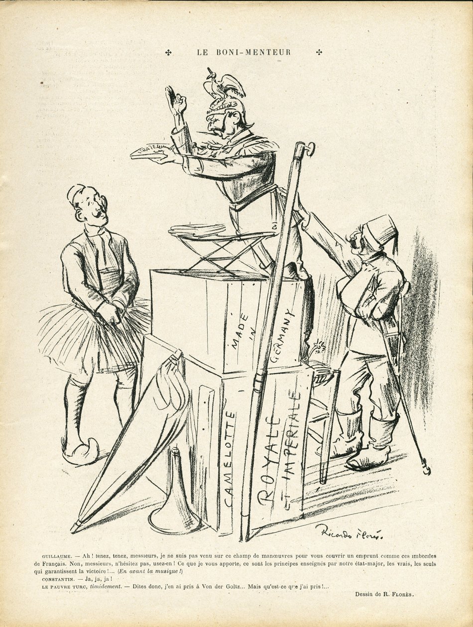 Illustration af Ricardo Flores (1878-1918) i Le Lire, 20/09/13 - Løgneren - Tyskland Preussen, Tyrkiet, krigen mellem 14-18 første mus - William II af Ricardo Flores