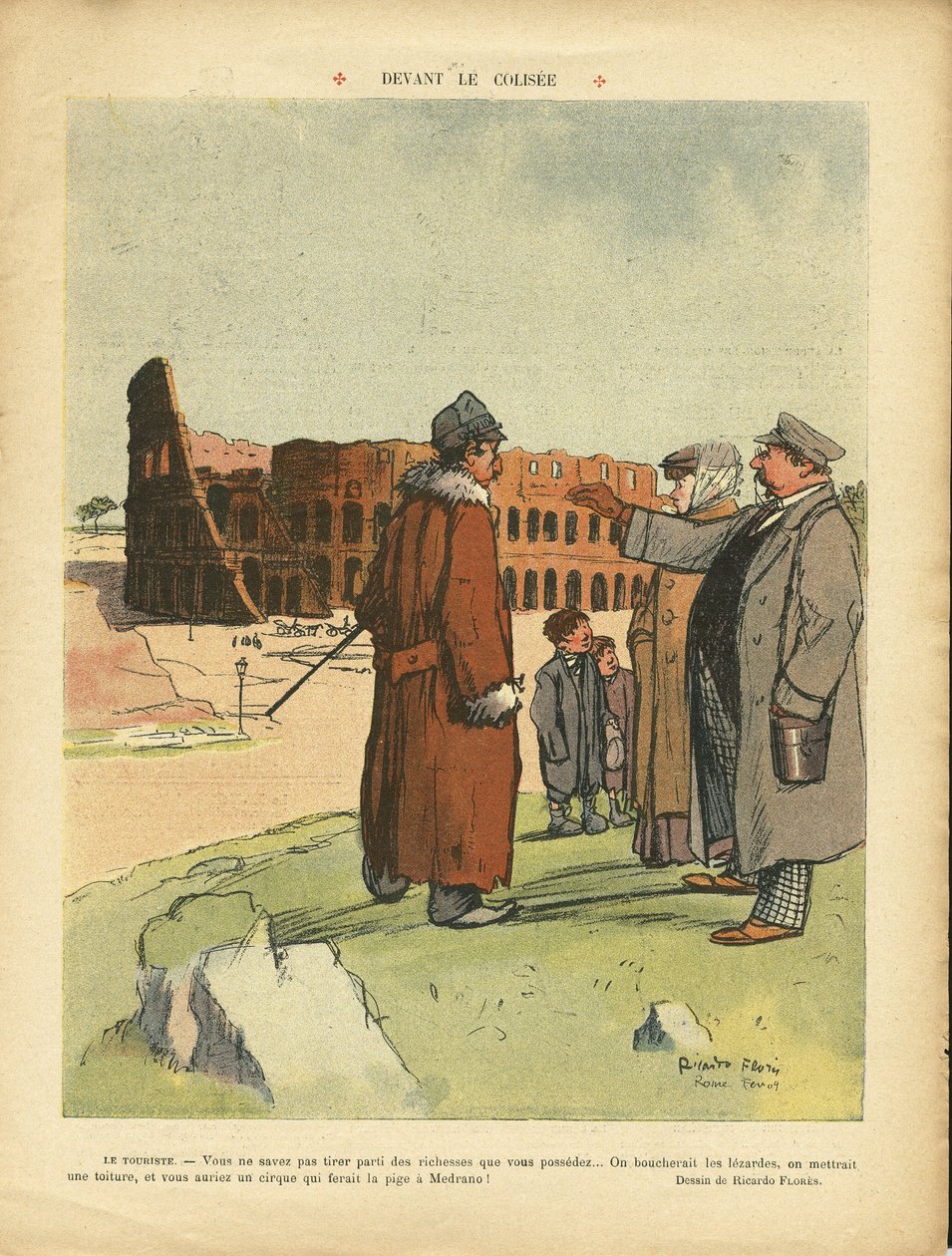 Illustration af Ricardo Flores (1878-1918) i Le Rire, 03/04/09 - Foran Colisee - Italien, Turisme Turister, Colisee af Ricardo Flores