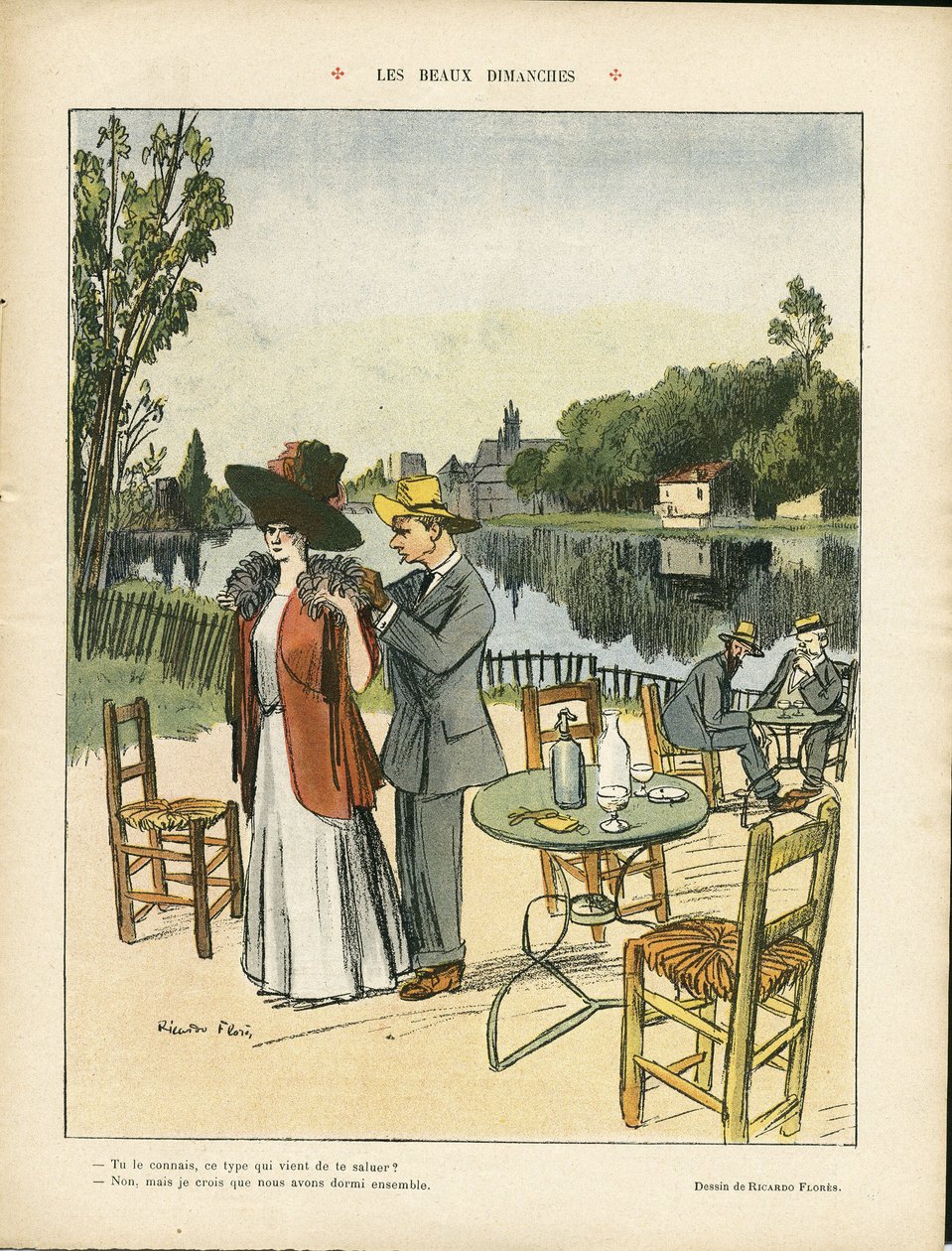 Illustration af Ricardo Flores (1878-1918) i Le Rire, 04/07/08 - Smukke søndage - Fritid, Naturvegetation, Arkitektur Urbanisme, Restaurantcaféer, Maritime Marine Seaside af Ricardo Flores
