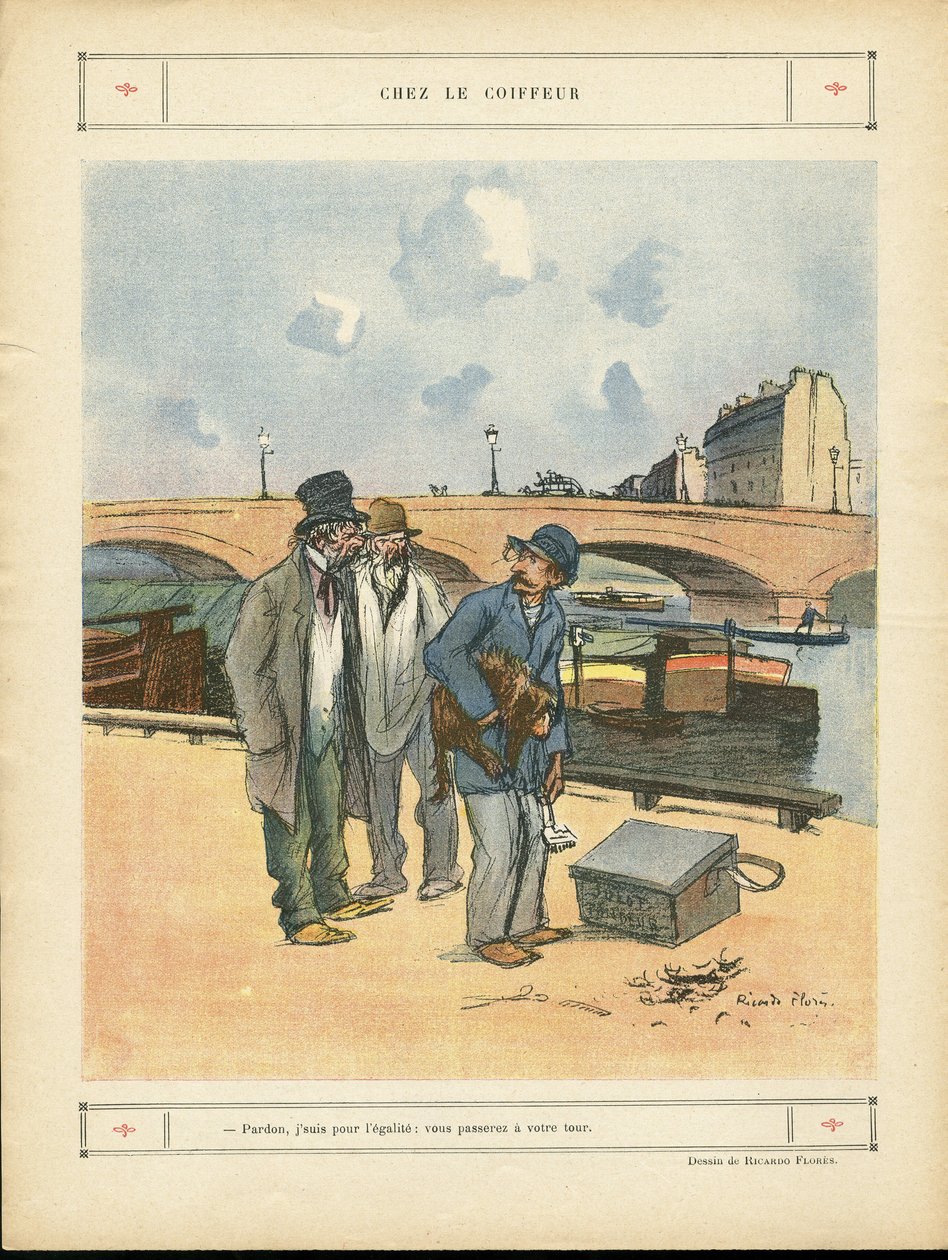 Illustration af Ricardo Flores (1878-1918) i Le Rire, 05/10/12 - Hos frisøren - Paris, Professioner, Arkitektur Byplanlægning, Bro, River River - Hund, Frisør af Ricardo Flores